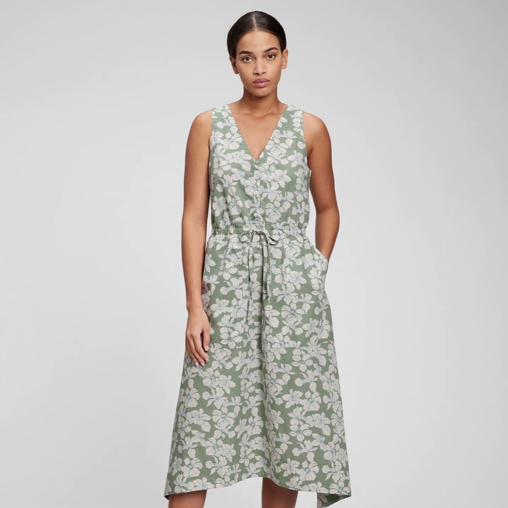 GAP Green and White Tie Waist Midi Dress